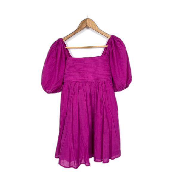 Abercrombie & Fitch Emerson Textured Puff Sleeve Pleated Mini Dress Hot Pink - Picture 2 of 4